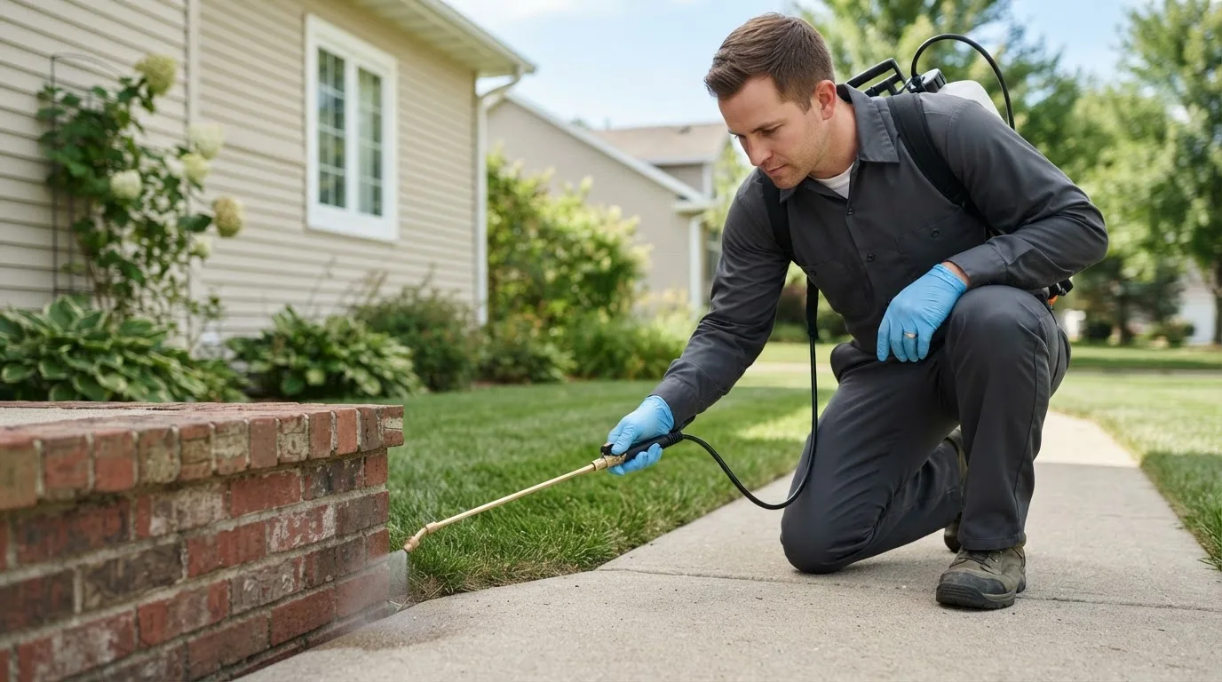 Pest control technician treating a home near Lawton, ND