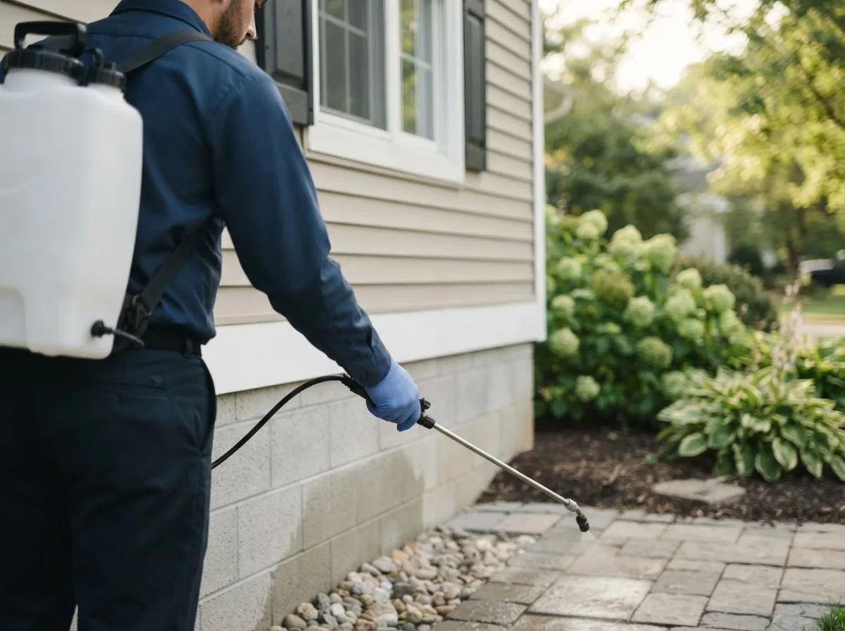 Pest control technician inspecting a home in Lawton, ND